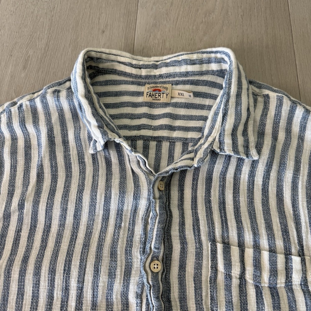 Faherty Palma Linen Shirt Short Sleeve Horizon Ivory Stripe Men's Size XXL